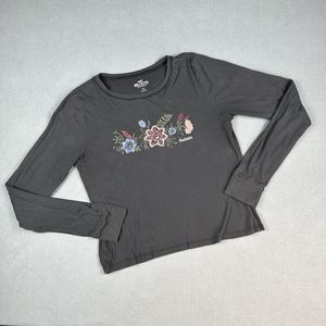 Hollister T-Shirt Womens S Small Floral Embroidered Long Sleeve Tee Gray Grey